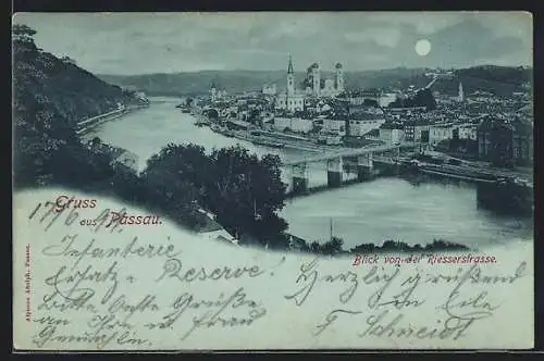 Mondschein-AK Passau, Ortsansicht mit Brücke und Fernblick