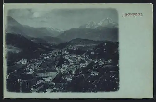 Mondschein-AK Berchtesgaden, Ortsansicht mit Bergpanorama aus der Vogelschau