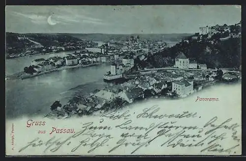 Mondschein-AK Passau, Ortspanorama, von oben gesehen