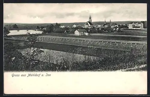 AK Mühldorf a. Inn, Ortsansicht mit Brücke und Feldern