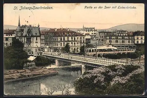 AK St. Johann-Saarbrücken, Saarpartie mit Luisenbrücke