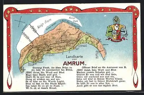 Lithographie Amrum, Landkarte der Insel, Wappen und Gedicht