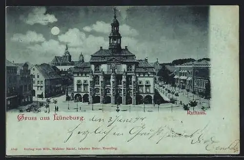 Mondschein-AK Lüneburg, Rathaus mit Umgebung aus der Vogelschau