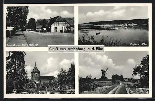 AK Artlenburg /Elbe, Geschäftshaus Mennrich, Mühle, Elbpartie