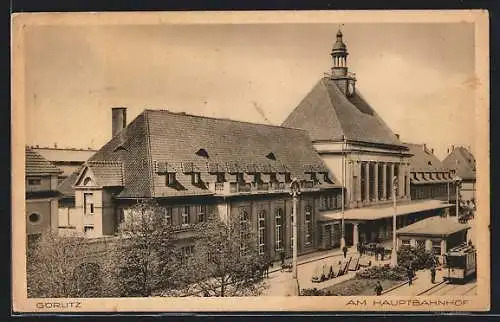 AK Görlitz, Hauptbahnhof mit Strassenbahn aus der Vogelschau