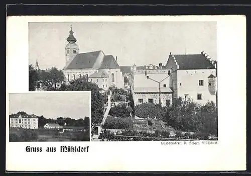 AK Mühldorf, Grosses Gebäude mit Umgebung, Ortspartie mit Kirche