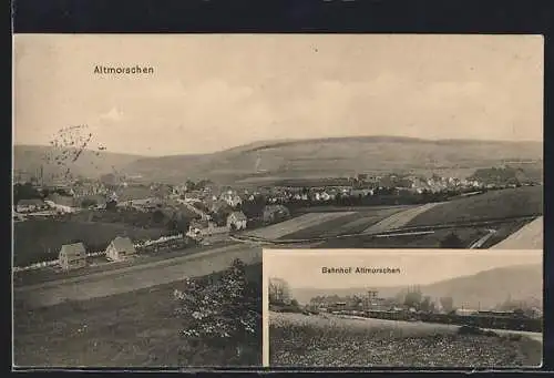 AK Altmorschen, Bahnhof mit Zug, Panorama