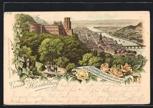 Vorläufer-Lithographie Heidelberg, 1892, Gesamtansicht mit Wanderweg und Burg aus der Vogelschau