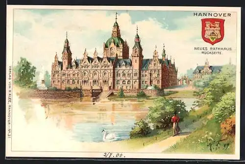 Lithographie Hannover, neues Rathaus, Rückseite, Stadtwappen