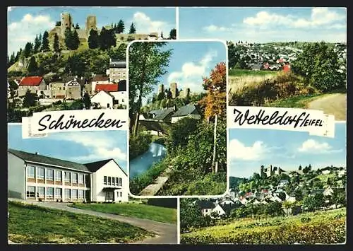 AK Schönecken-Wetteldorf /Eifel, Ortspartie mit Burg, Ortsansichten, Gebäude