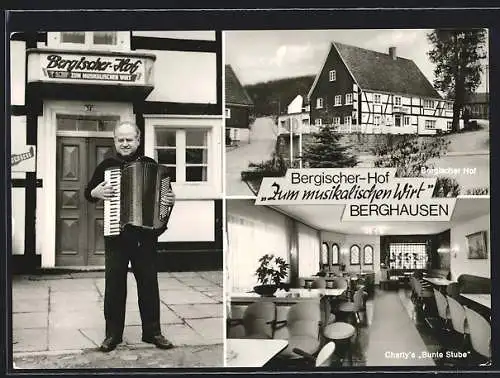 AK Berghausen /Köln, Gasthaus Bergischer Hof zum musikalischen Wirt, Wirt mit Akkordeon
