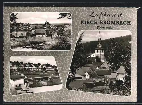 AK Kirch-Brombach /Odenwald, Freibad, Teilansicht mit Kirche