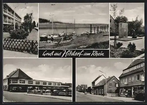 AK Hitdorf am Rhein, Partie am Fluss mit Booten, Ortsansicht