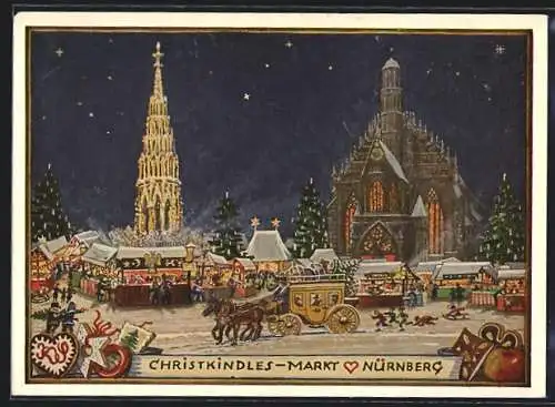 Künstler-AK Nürnberg, Der Christkindlmarkt, mit Kirche