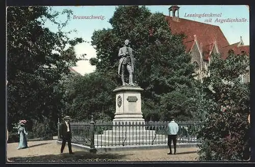 AK Braunschweig, Blick auf das Lessingdenkmal mit Aegedienhalle