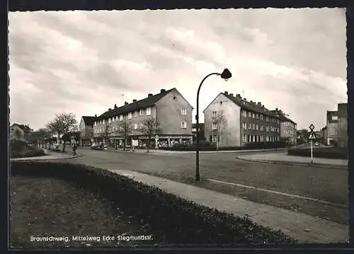 AK Braunschweig, Strasse Mittelweg Ecke Siegmundstrasse mit Geschäften
