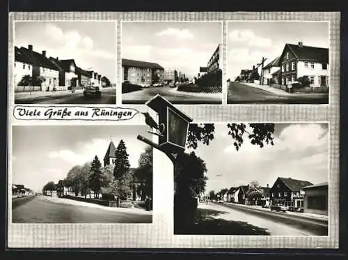 AK Rüningen, Strassenpartien mit Kirche und Wohnhäusern