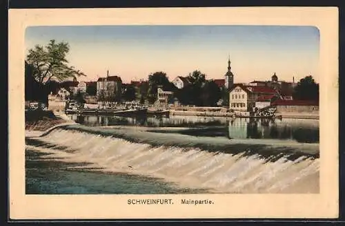 AK Schweinfurt, Mainpartie mit Wehr und Stadtblick