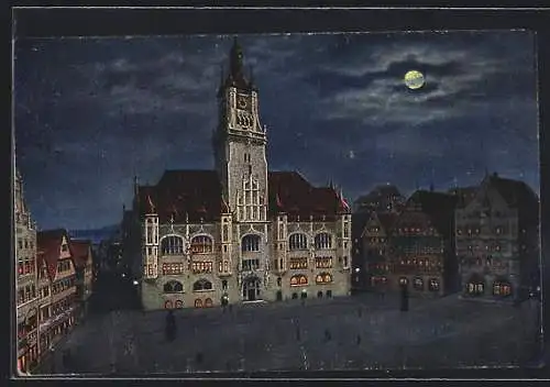 Künstler-AK Stuttgart, Rathaus bei Mondschein