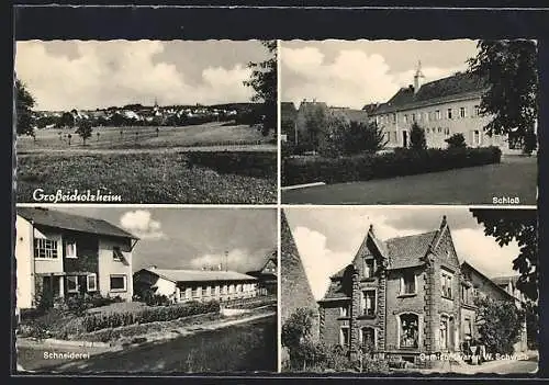 AK Grosseicholzheim, Gemischtwarengeschäft W. Schwalb, Schneiderei, Schloss