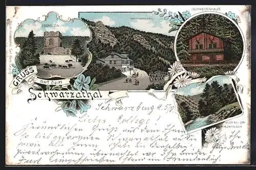 Lithographie Schwarzathal, Gasthaus Waidmannsheil u. Strasse, Burg Eberstein u. Wildschweine, Schweizerhaus, Kirchfelsen