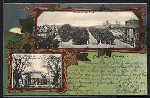 Lithographie Hannover, Herrenhäuser Allee von oben, Blumenpavillon im Berggarten, Weinlaub, Mond