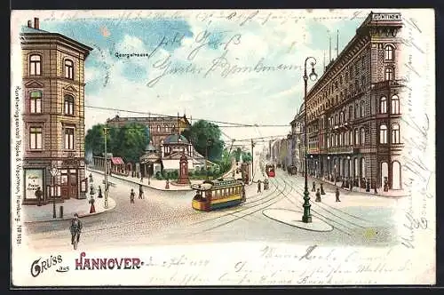 Lithographie Hannover, Georgstrasse, Kreuzung mit Cafe Kröpcke, Strassenbahnen und Papierhandlung