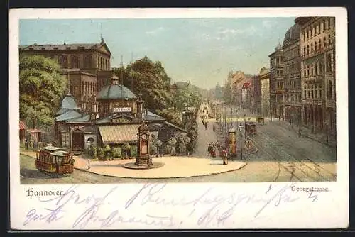 Lithographie Hannover, Georgstrasse mit Strassenbahn