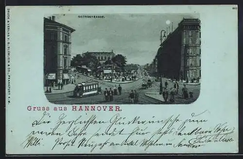 Mondschein-Lithographie Hannover, Georgstrasse, Kreuzung, Strassenbahnen