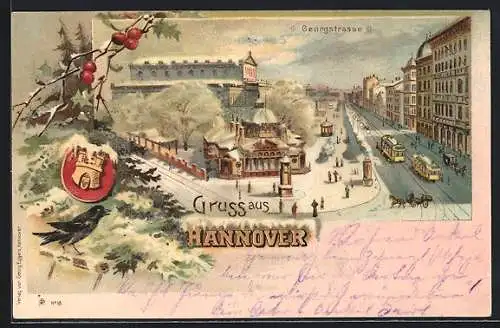 Winter-Lithographie Hannover, Georgstrasse mit Strassenbahn