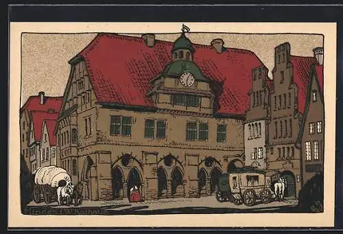 Steindruck-AK Minden i. W., Rathaus mit Kutschen