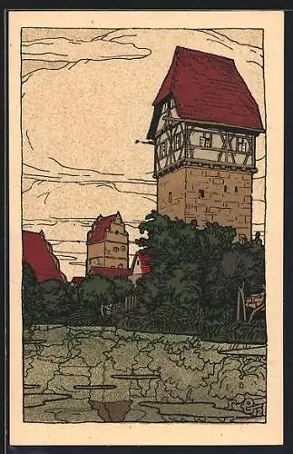 Steindruck-AK Dinkelsbühl, Bäuerlins Turm am Mühlgraben