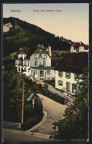 AK Beuron, Strassenpartie mit Gasthof Stern aus der Vogelschau, mit Wegkreuz