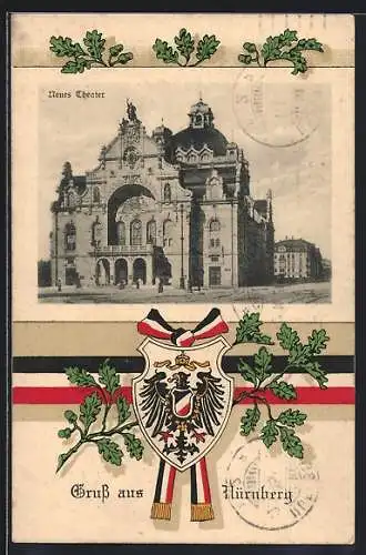 Lithographie Nürnberg, Neues Theater, Deutsches Wappen, Eichenlaub