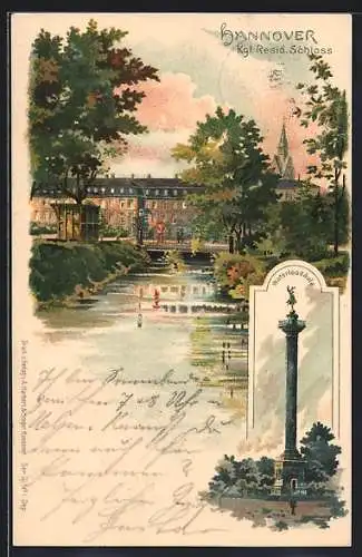 Lithographie Hannover, Residenz-Schloss vom Wasser aus, Waterloosäule