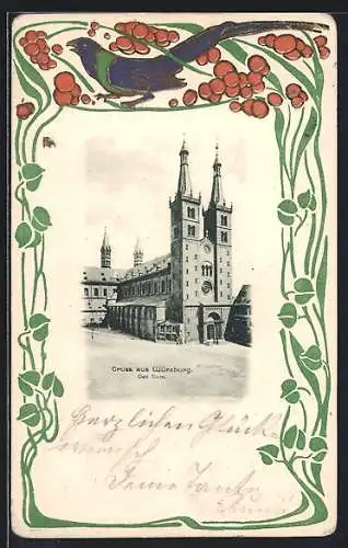 Lithographie Würzburg, Der Dom, Vogel mit Beeren und Blatt-Ornamenten