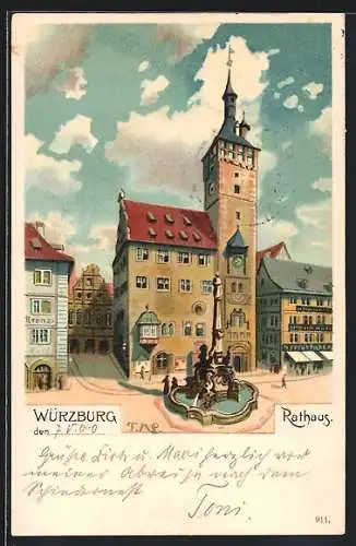Lithographie Würzburg, Rathaus mit Brunnen