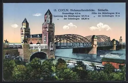 AK Coeln, Hohenzollernbrücke, Südseite