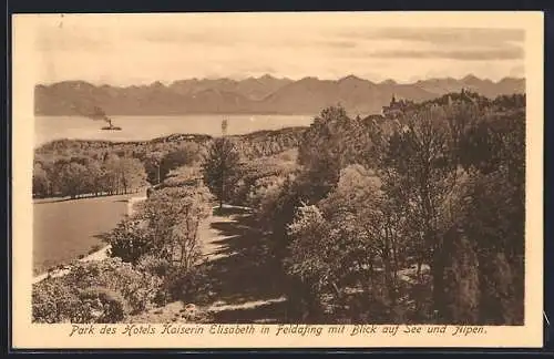 AK Feldafing /Starnberger See, Hotel Kaiserin Elisabeth von Österreich, Park mit Seeblick und Alpen