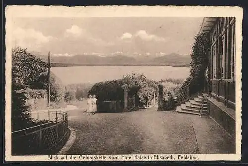 AK Feldafing /Starnberger See, Gebirgskette und See vom Hotel Kaiserin Elisabeth von Österreich aus
