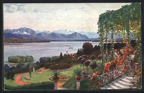 Künstler-AK Feldafing /Starnberger See, Hotel Kaiserin Elisabeth von Österreich, Garten mit See- u. Alpenblick