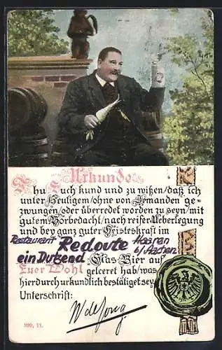 AK Haaren b. Aachen, Restaurant Redoute, Wirt mit Bierkrug und Rettich, Urkunde