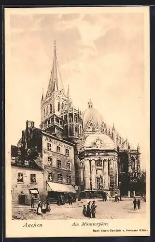 Künstler-AK Aachen, Am Münsterplatz mit Kirche