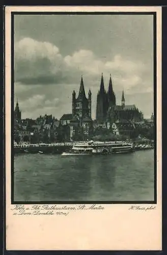 AK Köln / Rhein, Rathausturm mit St. Martin und Dom, Dampfer