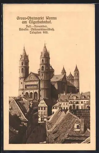 AK Worms, Gross-Obstmarkt am Eilgutbahnhof mit Kirche