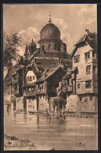 Künstler-AK Nürnberg, Insel Schütt, Synagoge