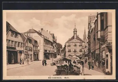 AK Bad Kissingen, Marktpartie mit Gemüseständen und Kirchturm