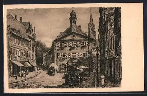 Künstler-AK Bad Kissingen, Marktplatz mit Rathaus