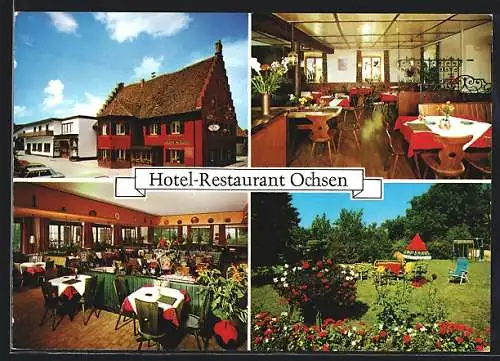 AK Schallstadt, Hotel-Restaurant und Metzgerei zum Ochsen, Speisesaal, Gartenterrasse