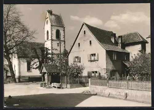 AK Eimeldingen, Strassenpartie mit Kirche und Storchennest